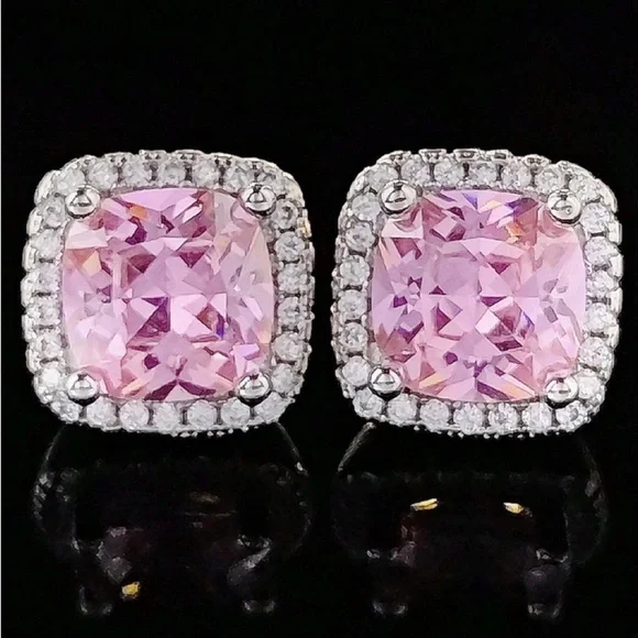 Square Pink Sapphire & Rhinestone Earrings